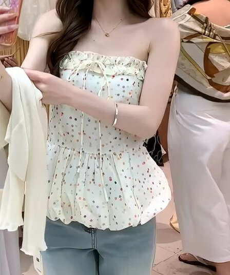 주문 재고 있음 휴가 바람 색상 도트 무늬 튜브탑 조끼 레이스업 꽃밭 허리 수축 슬림해 보이는 달콤한 핫걸 슬립 맨위