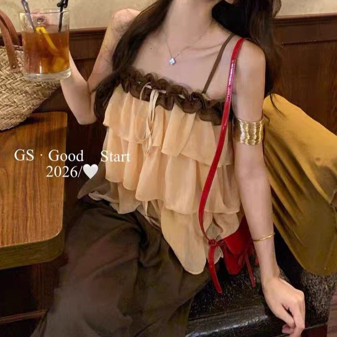 주문 재고 있음 프랑스식 달콤함 층 프릴 망사 캐미솔 배색 레이스 루즈핏 드 러 뒤쪽에 의류