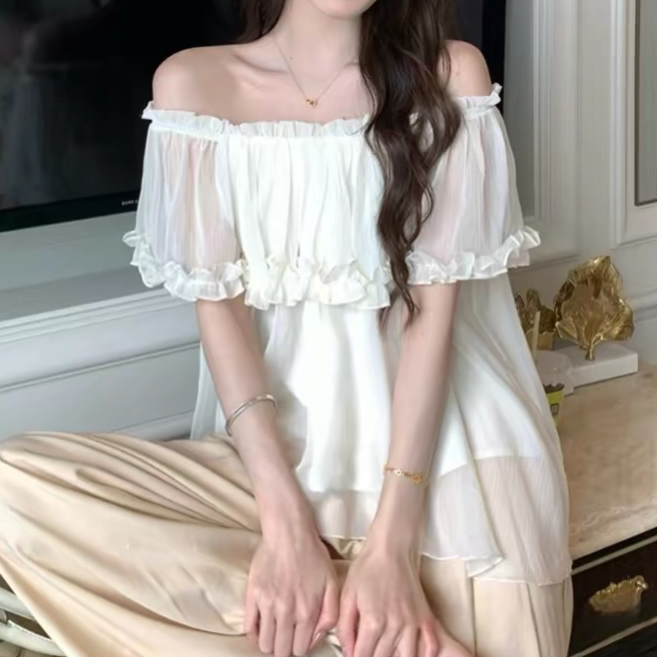주문 재고 있음 오프숄더 반팔 여성 셔츠 여름 새로운 부드러운 바람 프릴 루즈핏 슬림해 보이는 오프숄더 맨위