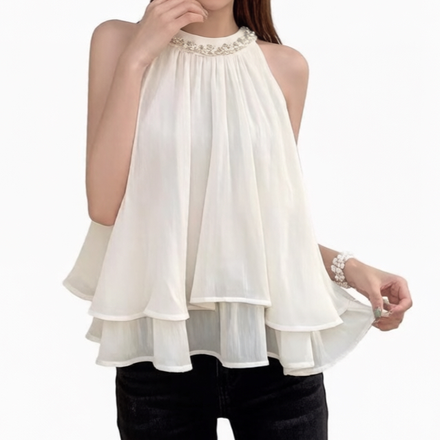 주문 재고 있음 디자인 센스 비즈 박기 단색 라운드 넥 행침 목 조끼 여성 의류 아모이 프릴 슬림해 보이는 chic 맨위