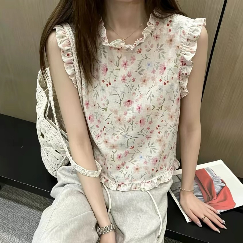 재고 있음 시징 여름 새로운 한 부서 작은 청신 프릴 꽃무늬 민소매 여성 셔츠 연령 감소 조끼 맨위