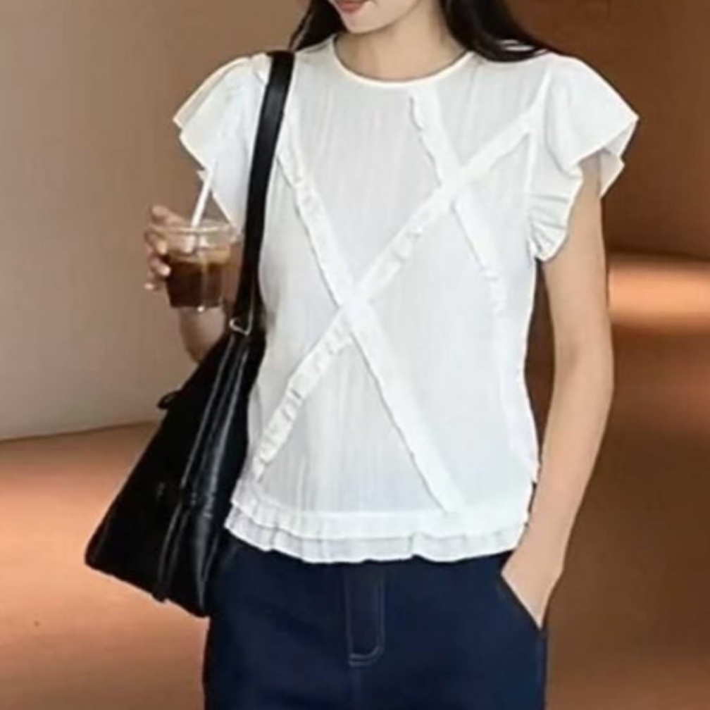 재고 있음 프랑스식 라운드 넥 프릴 반팔 셔츠 여름 새로운 Chic 연령 감소 다용도 슬림해 보이는 외국 가스 맨위