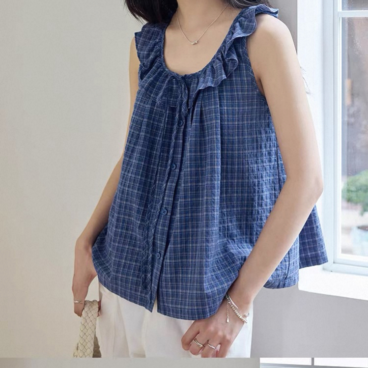 재고 있음 블루 그리드 레이스업 레이스 베이비 칼라 여성 셔츠 여름 새로운 민소매 쉬폰 블라우스 루즈핏 슬림해 보이는 조끼 작은 셔츠