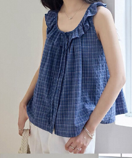 재고 있음 블루 그리드 레이스업 레이스 베이비 칼라 여성 셔츠 여름 새로운 민소매 쉬폰 블라우스 루즈핏 슬림해 보이는 조끼 작은 셔츠