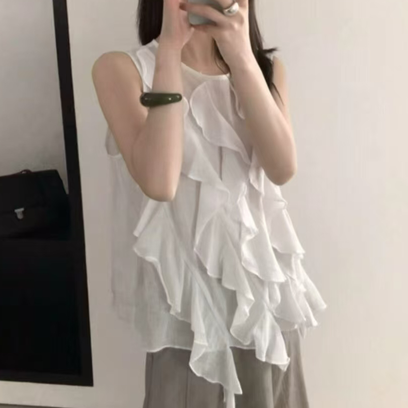 재고 있음 열세 개 여름 드레스 새로운 달콤함 부드러운 바람 프릴 민소매 여성 셔츠 루즈핏 인형 작은 셔츠 조끼
