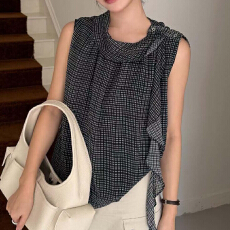 批发有货复古格子无袖背心<b class='q'>衬衫</b>女夏大码胖mm显瘦设计感荷叶边飘带上衣