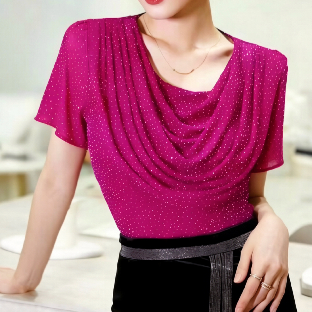 재고 있음 패션 라운드 넥 페이크 레이어드 망사 기본 셔츠 흔들다 칼라 반팔 몸매 가꾸기 외국 가스 전후 뜨거운 구슬 맨위 여름