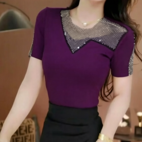 재고 있음 디자인 센스 불규칙 핫픽스 홀로우 아웃 패치워크 티셔츠 여성 여름 새로운 몸매 가꾸기 슬림해 보이는 다용도 반팔 작은 셔츠