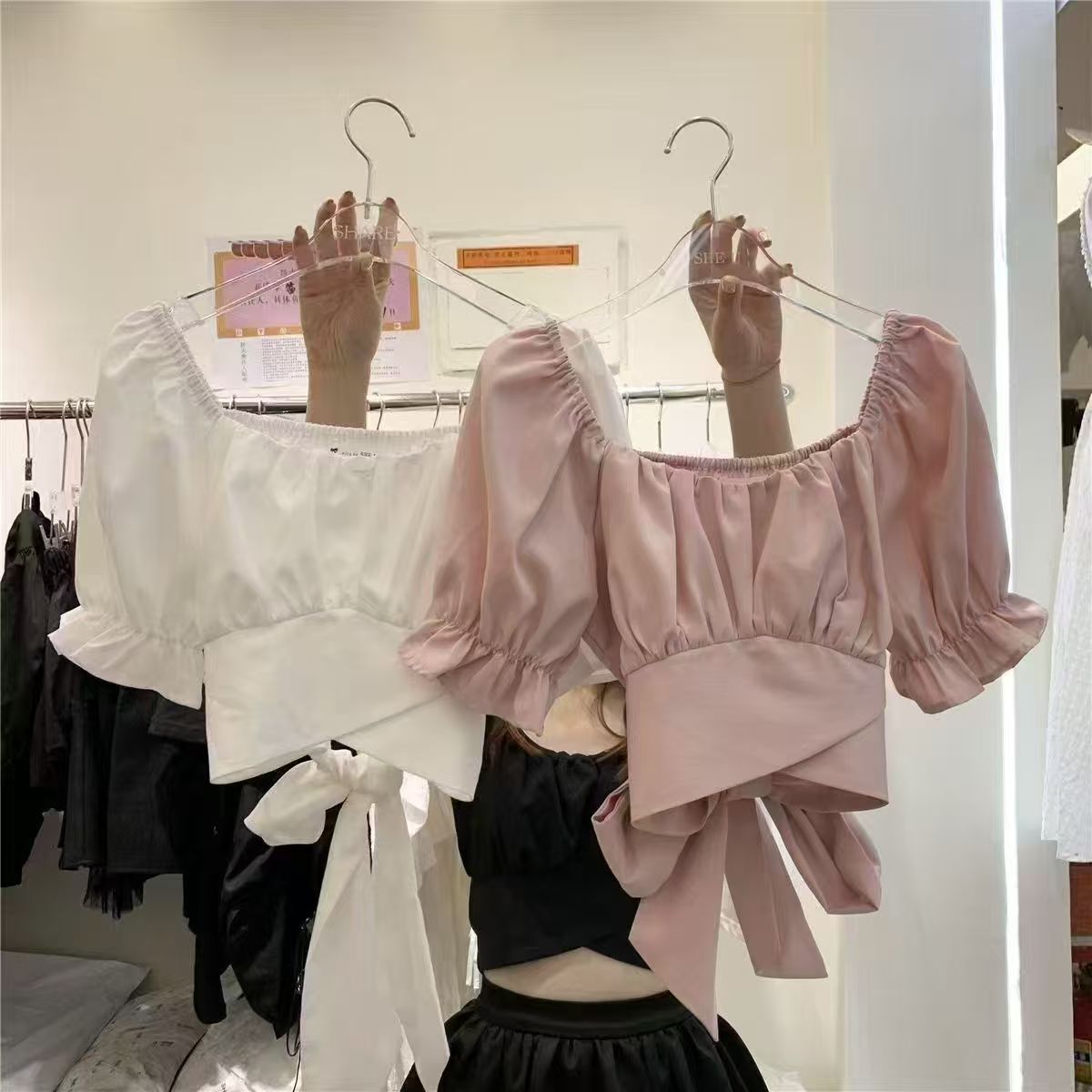 재고 있음 여름 순수한 욕망 광장 칼라 뒤로 레이스업 나비 매듭 반팔 셔츠 핫걸 디자인 센스 쇼트 스타일 티셔츠 맨위