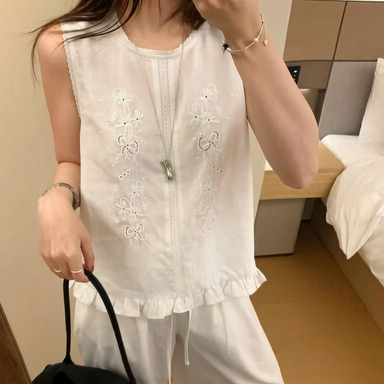 재고 있음 한 부서 작은 셔츠 민소매 맨위 여성 여름 새로운 달콤한 스타일 자수 레이스 칼라 조끼