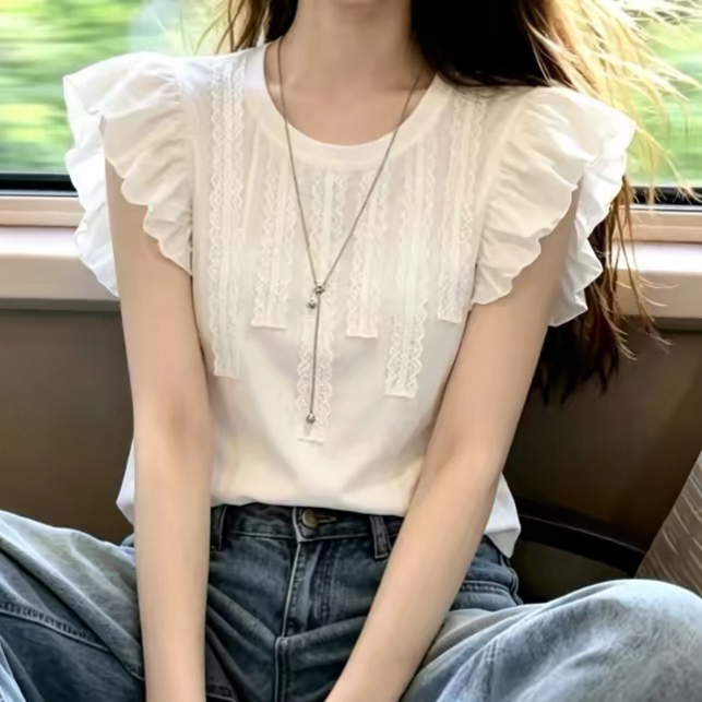 재고 있음 여름 새로운 품격 레이스 조각 작은 날다 소매 외국 가스 팬 티셔츠 여성 루즈핏 슬림해 보이는 다용도 맨위 트렌디