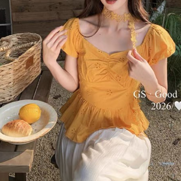 재고 있음 여름 새로운 프랑스식 자수 리본 거품 소매 인형 셔츠 달콤함 순수한 욕망 바람 허리 수축 맨위 자수 셔츠