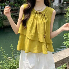 批发有货黄色<b class='q'>棉麻</b>无袖上衣女夏法式小资背心娃娃衫多巴胺漂亮显瘦<b class='q'>衬衫</b>