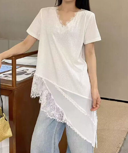 재고 있음 V넥 반팔 티셔츠 여성 봄 여름 새로운 한 부서 패션 불규칙 레이스 조각 외국 가스 다용도 맨위