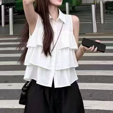 재고 있음 프랑스식 다중 레이어 프릴 폴로 칼라 민소매 조끼 여성 여름 디자인 센스 루즈핏 어깨 싱글 줄 버튼 맨위