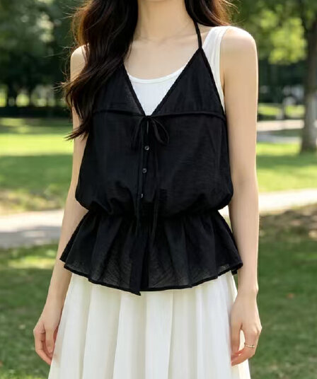 재고 있음 한 부서 디자인 센스 페이크 레이어드 행침 목 레이스업 조끼 여성 여름 프릴 연령 감소 루즈핏 다용도 맨위