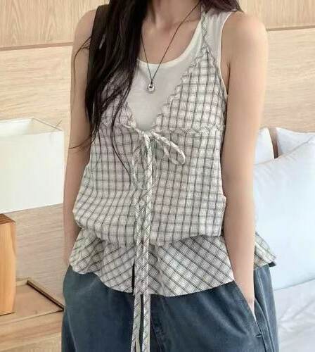 재고 있음 한 부서 배색 체크무늬 패치워크 페이크 레이어드 행침 목 레이스업 조끼 여성 여름 루즈핏 캐주얼 다용도 맨위