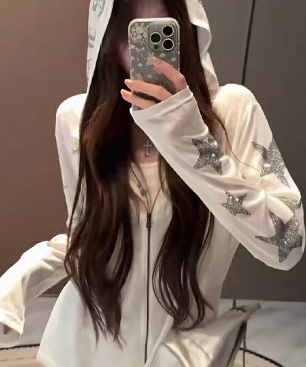 재고 있음 여름 Tulle 별 핫픽스 후드 블라우스 긴팔 여성 통기성 루즈핏 지퍼 자외선 차단 의류 야외 재킷