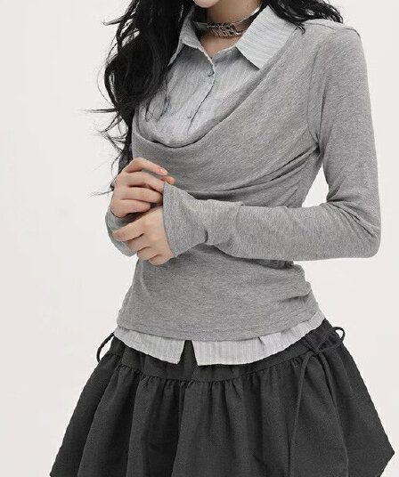 재고 있음 한 부서 긴팔 페이크 레이어드 흔들다 칼라 맨위 여성 이른 가을 작은 대중 디자인 센스 몸매 가꾸기 패치워크 스트라이프 셔츠