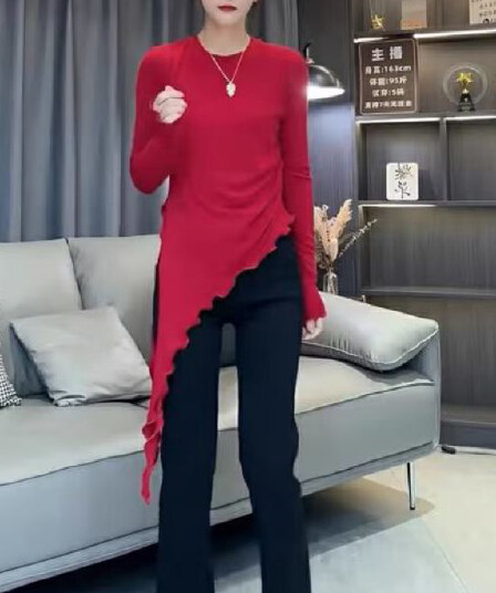 재고 있음 새로운 한국 스타일 패션 다용도 라운드 넥 긴팔 티셔츠 여성 의류 슬림해 보이는 기본 셔츠 인사이드 가져 가라. 불규칙 맨위