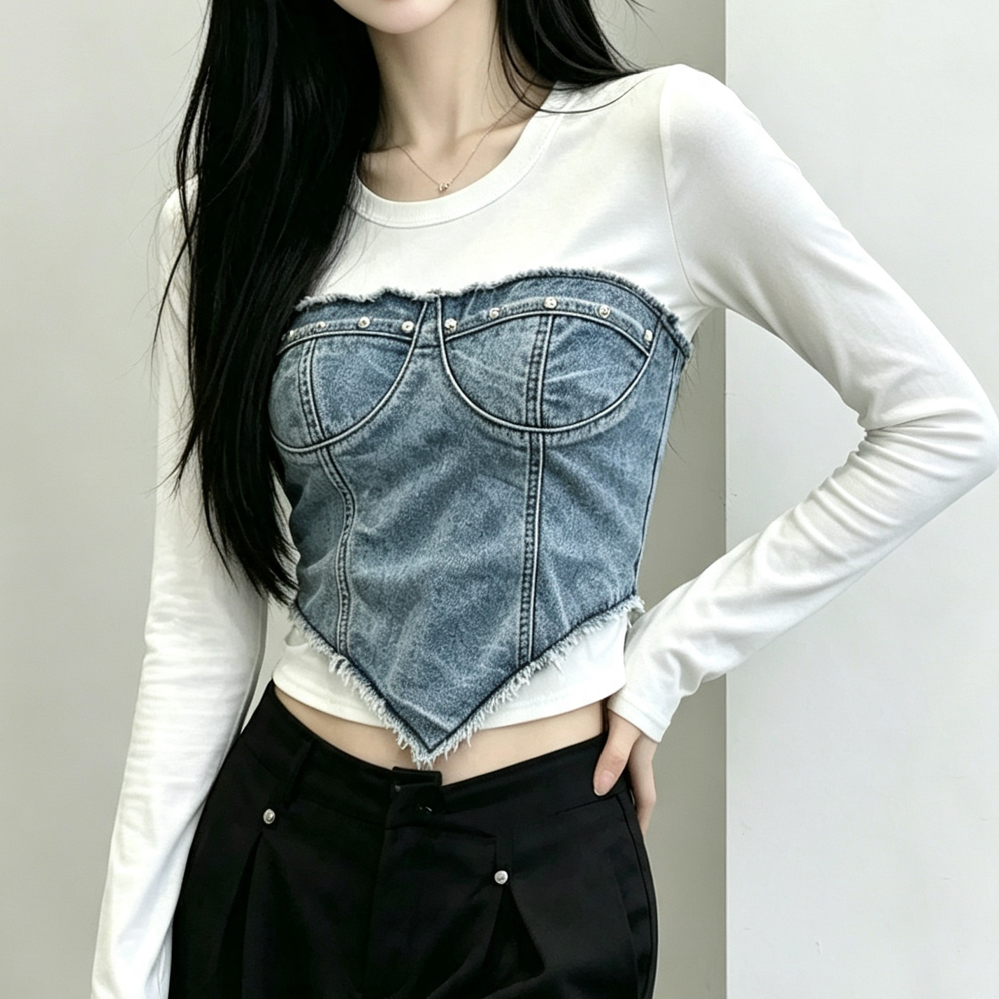BY33518# 圆领牛仔拼接...
