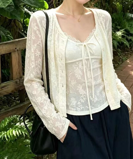 재고 있음 한 부서 부드러운 바람 V넥 슬립 오픈 가디건 긴팔 루즈핏 자외선 차단 재킷 레이스 맨위 두 조각 여성 세트