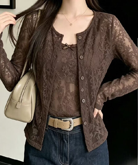 재고 있음 부드러운 한 부서 바람 레이스 오픈 가디건 긴팔 작은 슬링 이른 가을 새로운 투피스 세트 패션 다용도 맨위