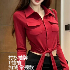 批发有货polo领双口袋修身长袖<b class='q'>衬衫</b>女秋新款性感辣妹绑带设计高腰开衫