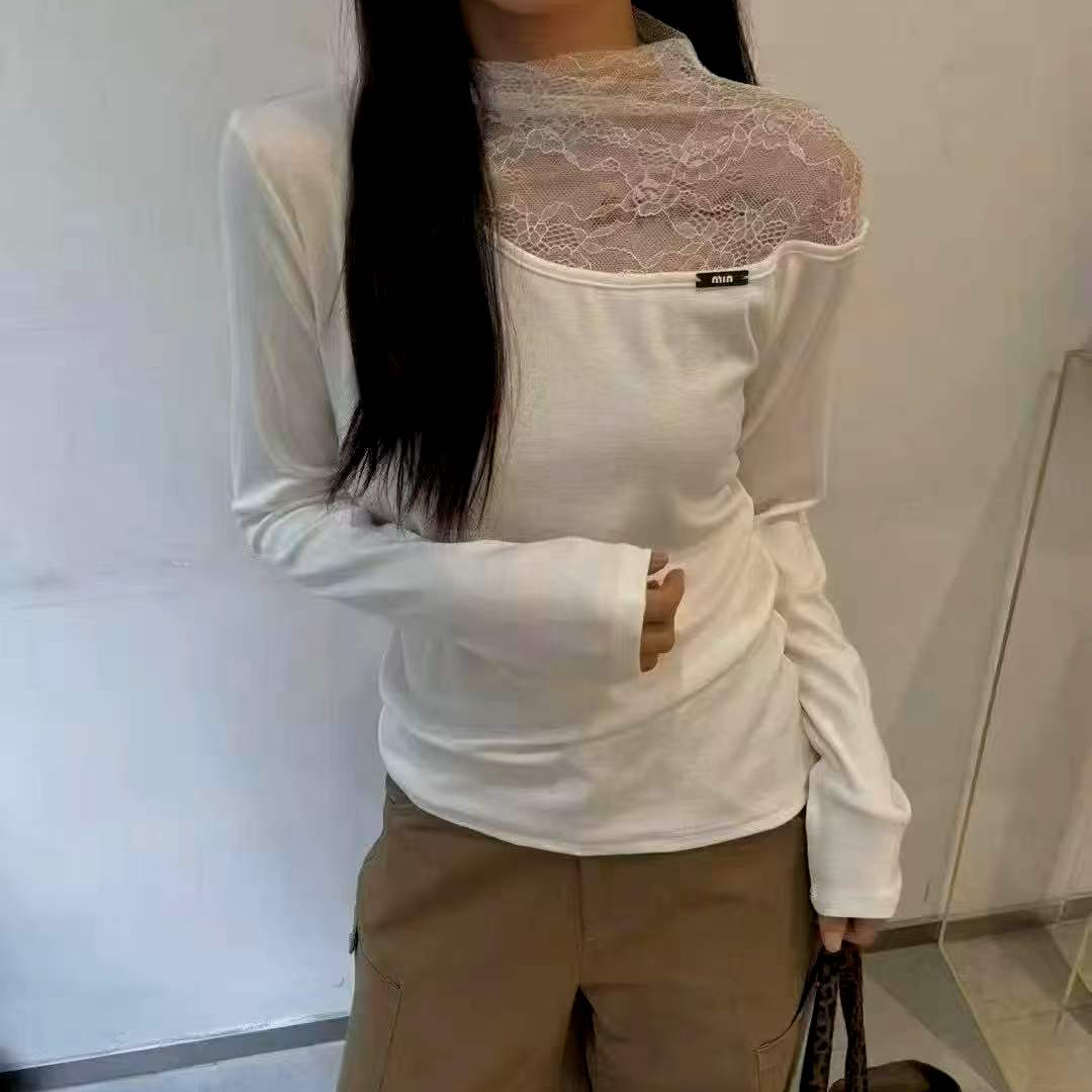 欧货秋季新款气质蕾丝拼接镂空半高领长袖T恤女打底衫上衣 服裝批發女裝批發服飾貨源