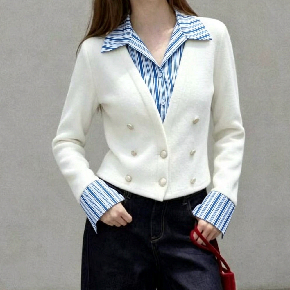 新款高级感撞色条纹衬衫女秋冬新款假两件气质上衣 服裝批發女裝批發服飾貨源