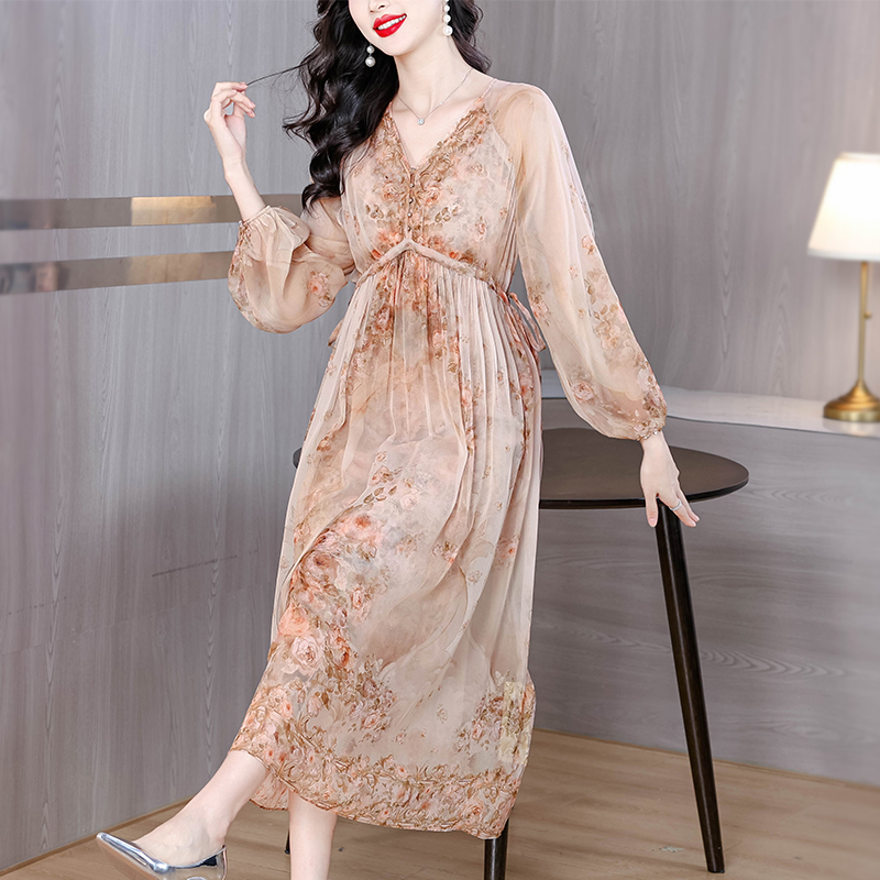 MY8499# 真丝连衣裙新款名媛风轻奢法式碎花度假裙桑蚕丝气质显瘦裙女裝貨源服裝批發