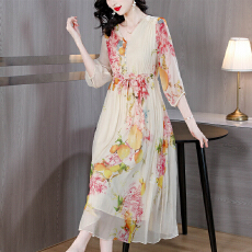 批发真丝桑蚕丝连衣裙女夏季2026新款高端奢华气质印花过膝长裙子