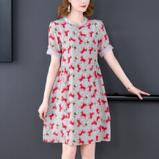 批发小个子法式气质宽松2026碎花重磅<b class='q'>桑蚕丝</b><b class='q'>连衣裙</b>女圆领印花中长裙子