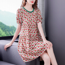 批发樱桃碎花茶歇裙<b class='q'>子</b>2026夏装小清新印花雪纺短袖圆领连衣裙