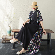 批发实拍2026夏季新款棉麻印花拼接宽松休闲木耳花边领<b class='q'>长袖</b>大摆<b class='q'>连衣裙</b>