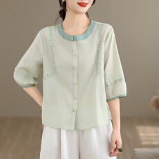 批发实拍 2026夏季新款棉麻刺绣撞色宽松休闲百搭中袖<b class='q'>开衫</b>衬衫女