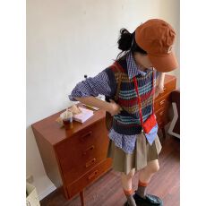 批发韩系复古撞色条纹针织马甲女早<b class='q'>秋</b>小个子圆领无袖背心叠穿外搭上衣