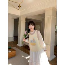 批发新款背心马甲<b class='q'>春</b>秋温柔软糯卡通蛋糕针织毛衣女士叠穿无袖圆领上衣