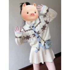 批发费尔岛翻领毛衣<b class='q'>外套</b>女秋冬学院风气质撞色仿貂毛软糯针织衫上衣女