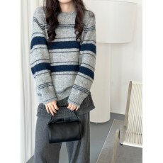 批发秋冬新款2025<b class='q'>针织</b>衫条纹内搭上衣圆领女装宽松套头韩系短款毛衣