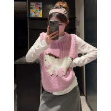 批发巨好看早秋穿搭粉色粗线背心针织衫女外穿慵懒高级感叠穿毛衣马甲