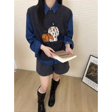 批发韩版卡通趣味提花针织背心叠穿<b class='q'>牛仔</b>衬衫两件套2025冬季新款女<b class='q'>套装</b>