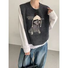 批发萌系小狗图案圆领毛衣女2025冬季<b class='q'>新款</b>宽松显瘦减龄针织<b class='q'>背心</b>两件套