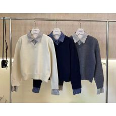 批发韩系<b class='q'>假两件</b>设计感翻领毛衣女秋冬<b class='q'>衬衫</b>拼接针织衫复古宽松休闲上衣