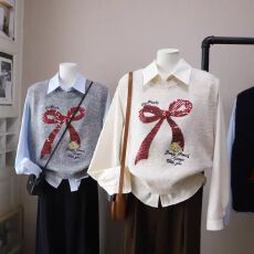 批发时尚蝴蝶结亮片刺绣针织马甲搭长袖<b class='q'>衬衫</b>女新款百搭叠穿上衣