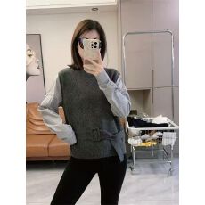 批发圆领条纹<b class='q'>衬衫</b>袖拼接假两件腰上系腰带长袖毛衣女时尚针织衫