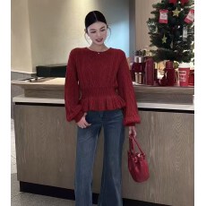 批发法式灯笼袖荷叶边圆领套头毛衣女秋冬季慵懒风收腰内搭针织衫<b class='q'>上衣</b>