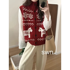 批发【雪花小马】北欧冰岛费尔岛提花可爱无袖毛针织背心马甲上衣