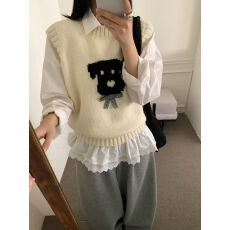 批发圆领小狗提花设计感蝴蝶结针织马甲<b class='q'>冬</b>季慵懒感背心马夹外搭