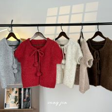 批发韩版复古休温柔闲百搭短袖毛球系带毛衫女毛衣2025新款